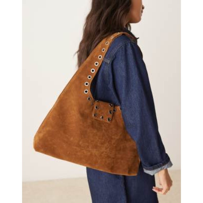 Glamorous faux suede winged tote bag with studding detail in beige