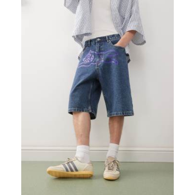 ICECREAM running dog baggy denim shorts in dark wash blue