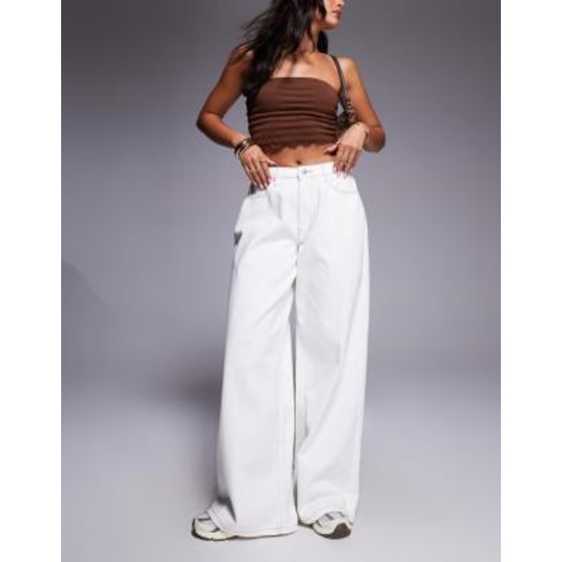 Princess Polly Naylor contrast stitch mid rise baggy wide leg jeans in cream