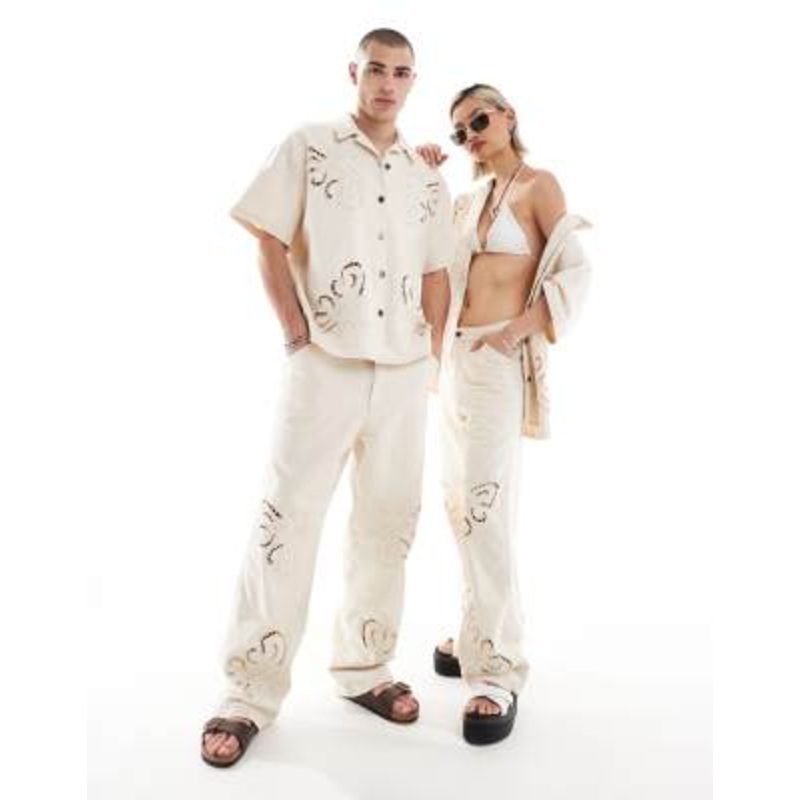 Reclaimed Vintage Limited Edition unisex baggy ecru jeans with embroidery and cutwork detail