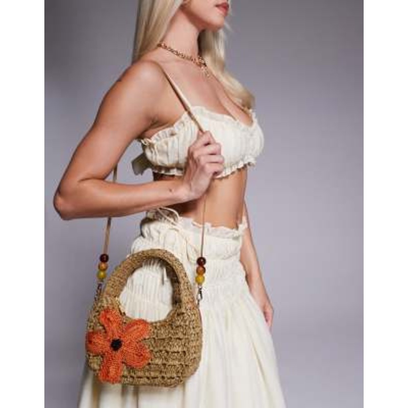 River Island raffia shoulder bag with flower detail in beige