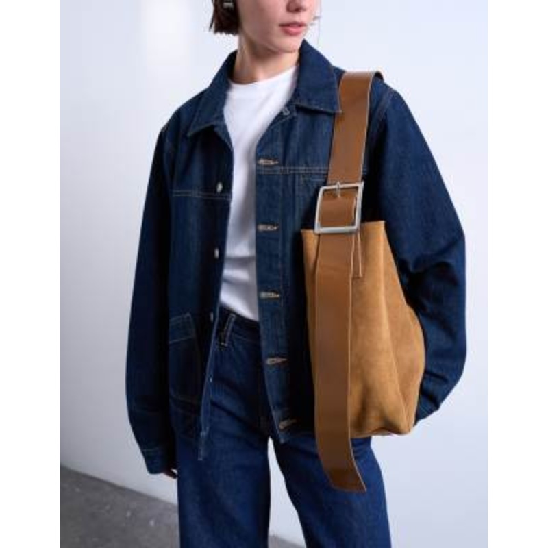 Topshop Sade premium real suede/leather bucket shoulder bag in tan