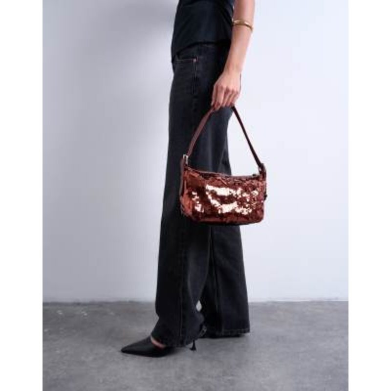 Topshop Sol shoulder sequin bag with leather handle in rust