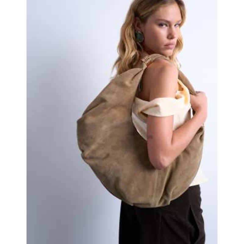 Topshop Sterling real suede scoop shoulder bag in beige