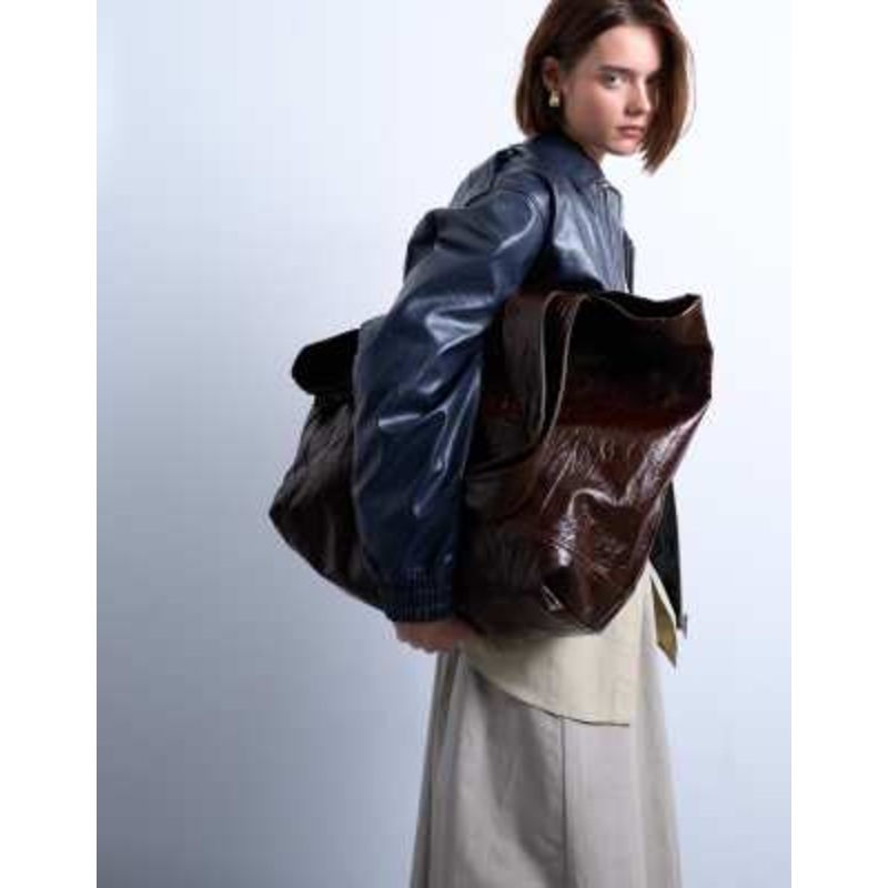 Topshop Troy crinkle tote bag in chocolate