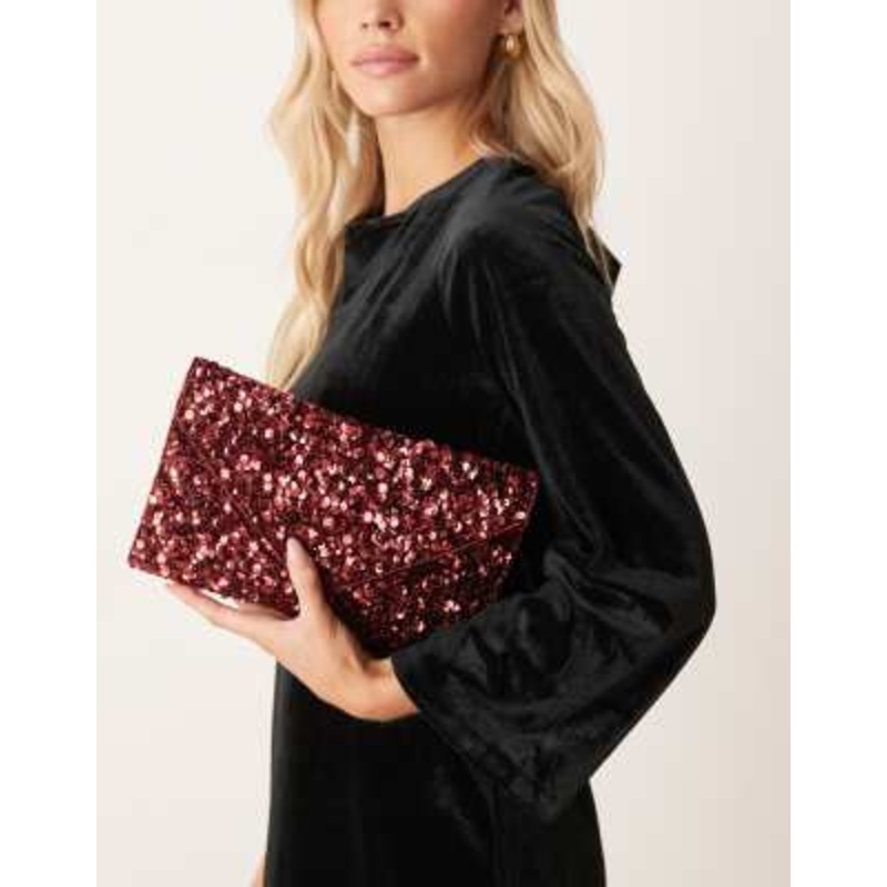 True Decadence all-over sequin envelope clutch bag in burgundy
