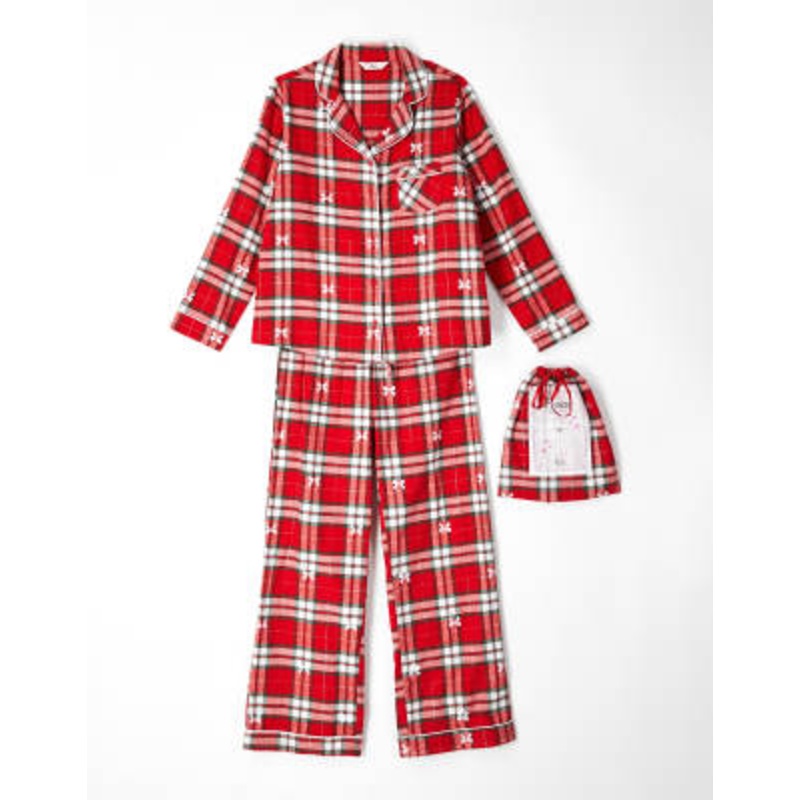 Boux Avenue fleece long sleeve top & pants PJ set in a bag in red plaid with bows