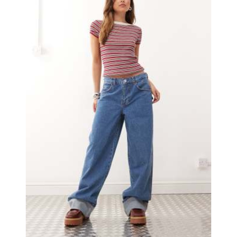 COLLUSION X002 baggy jeans with cuffed hems in mid wash with red stitching