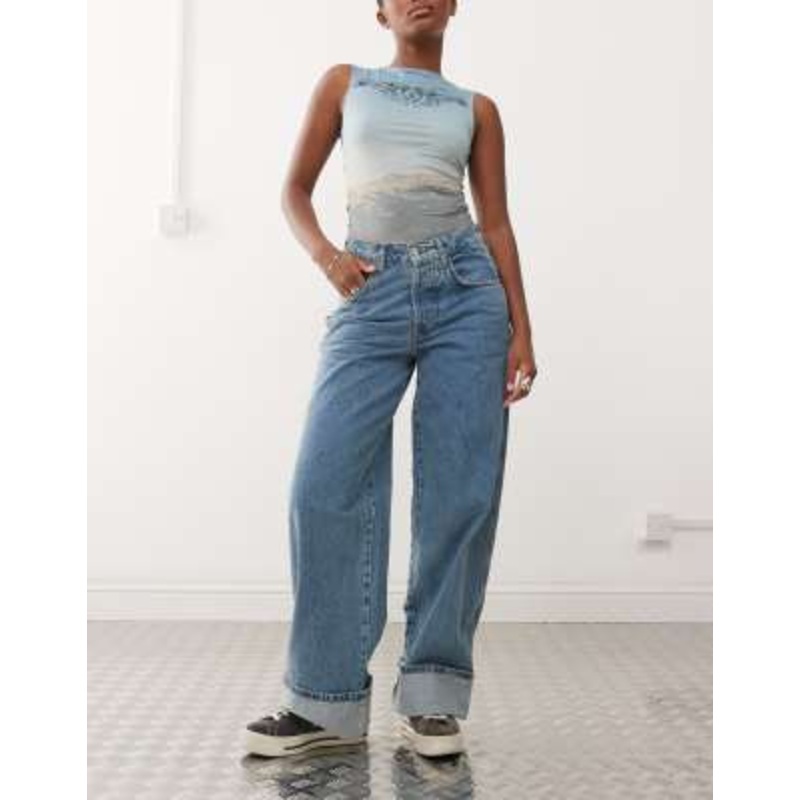 COLLUSION X002 baggy jeans with cuffed hems in midwash