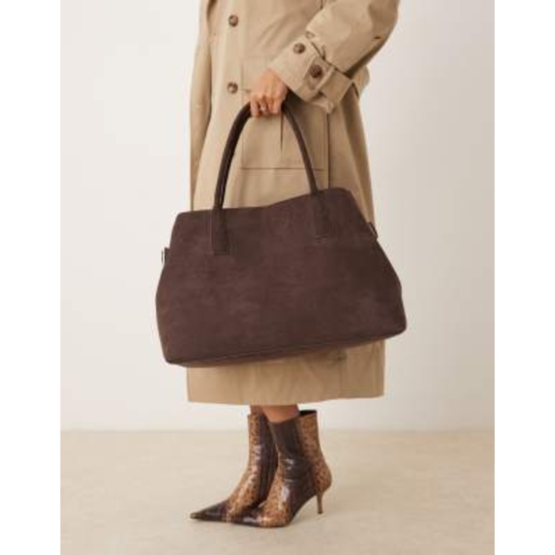 Gina Tricot faux suede large tote bag with buckle belt side detail in dark brown