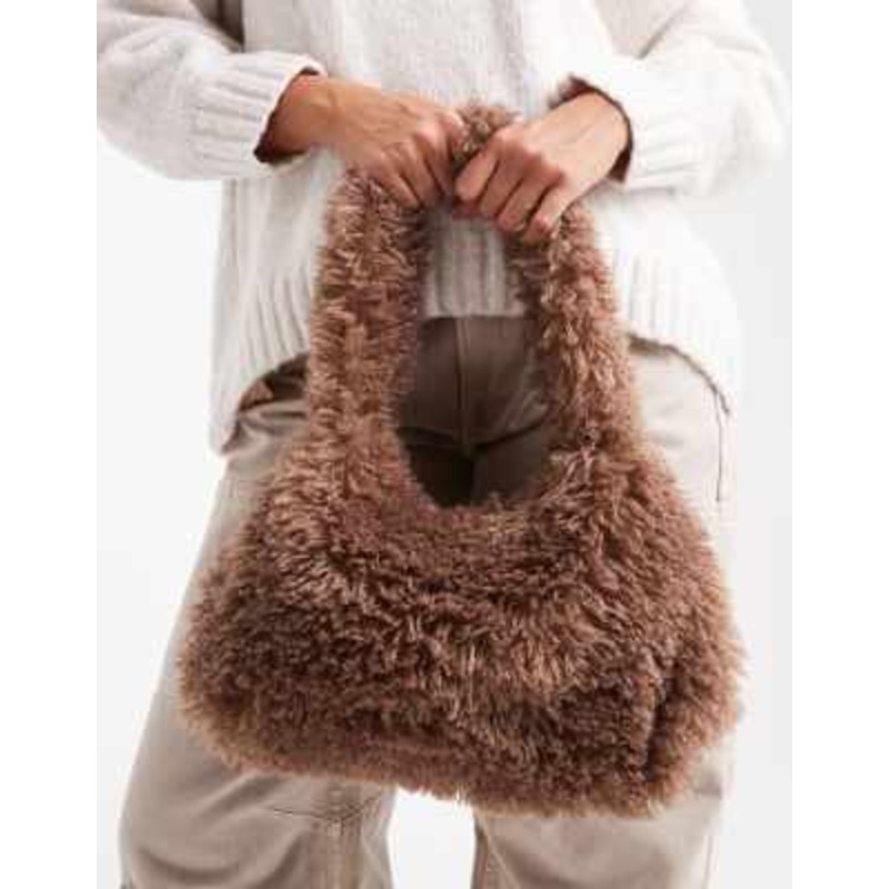 Glamorous faux fur slouchy shoulder bag in brown