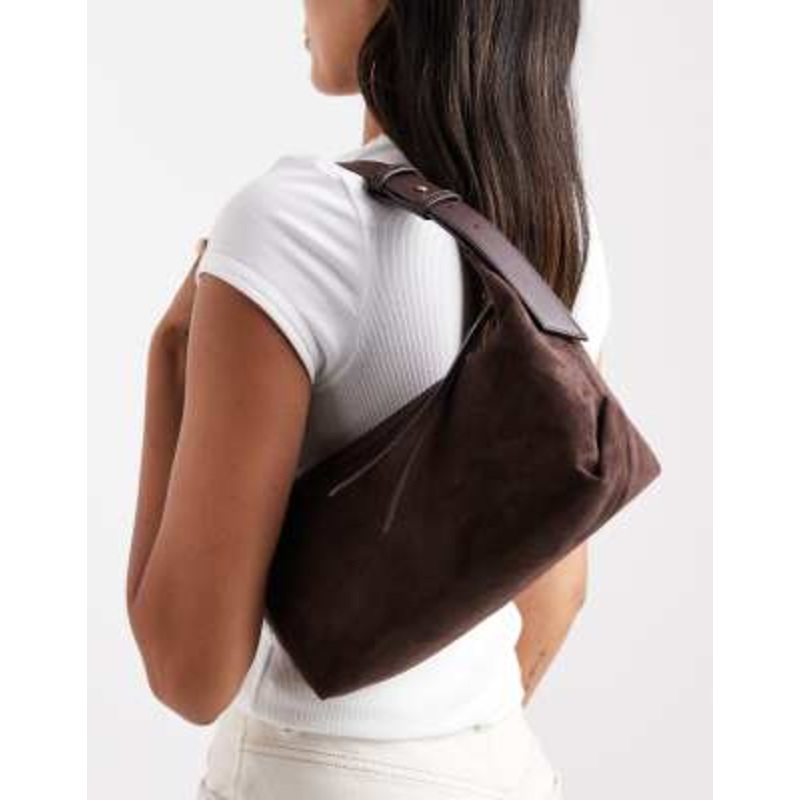 Glamorous faux suede buckle detail shoulder bag in deep brown