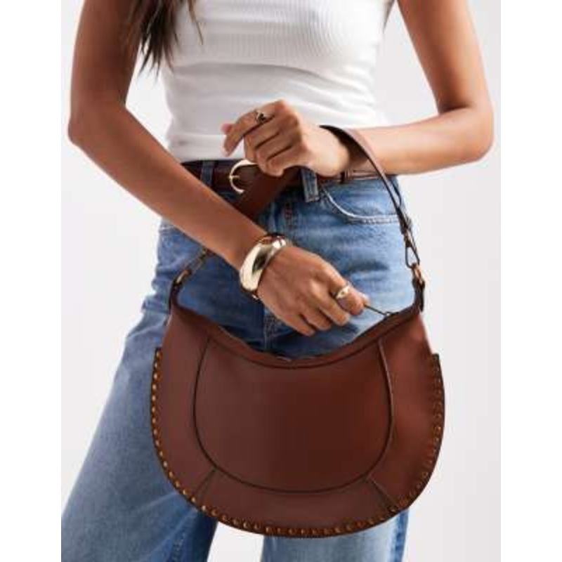 Glamorous stud detail shoulder bag in brown