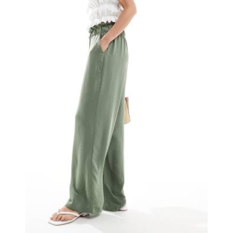 JDY paperbag waist wide leg linen look pants in khaki
