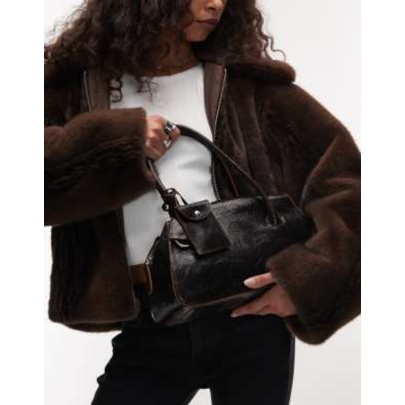 Mango 100% textured leather bowling bag in chocolate