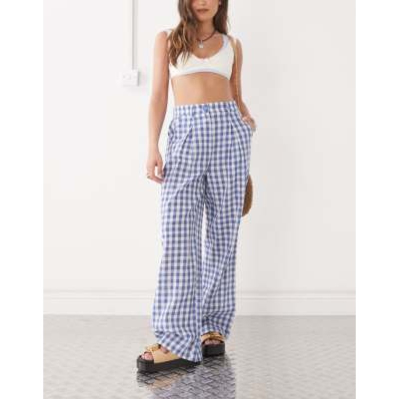 Reclaimed Vintage baggy tailored linen look pants in blue plaid