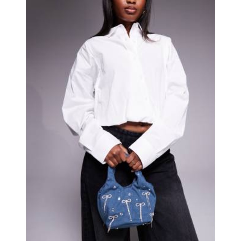 River Island diamante bow grab bag in denim blue