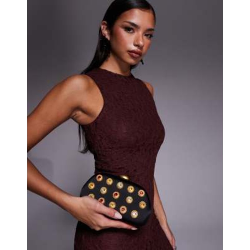 River Island mixed faux gem hard shell clutch bag in black