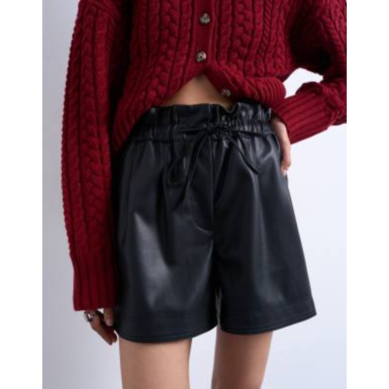 Topshop faux leather paperbag shorts in black