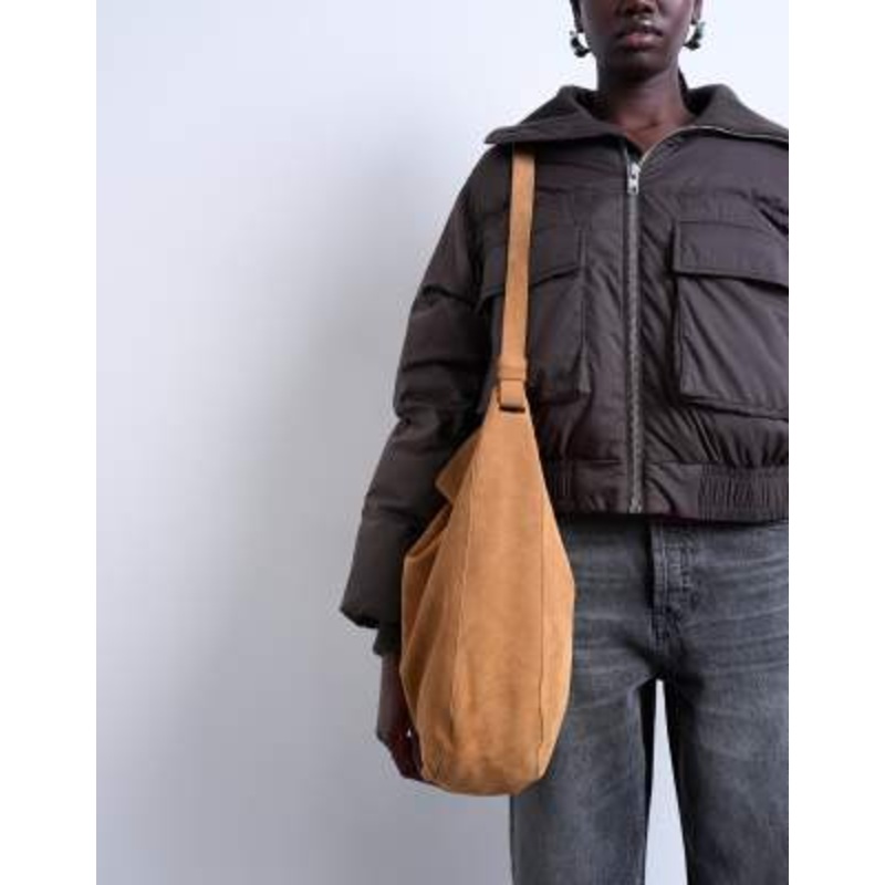 Topshop Siobhan real suede leather shoulder bag in tan