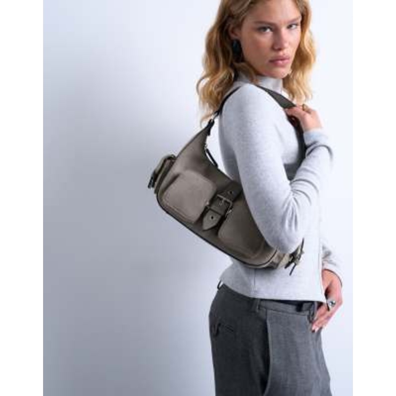 Topshop Sunrise pocket shoulder suede bag in taupe