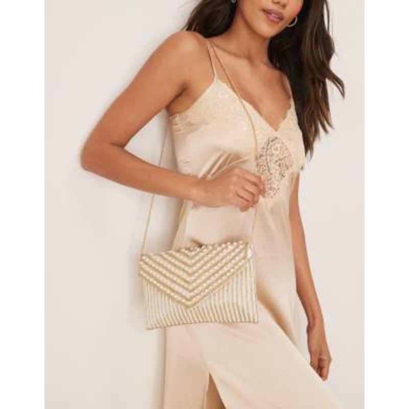True Decadence striped bead and pearl envelope clutch bag in gold