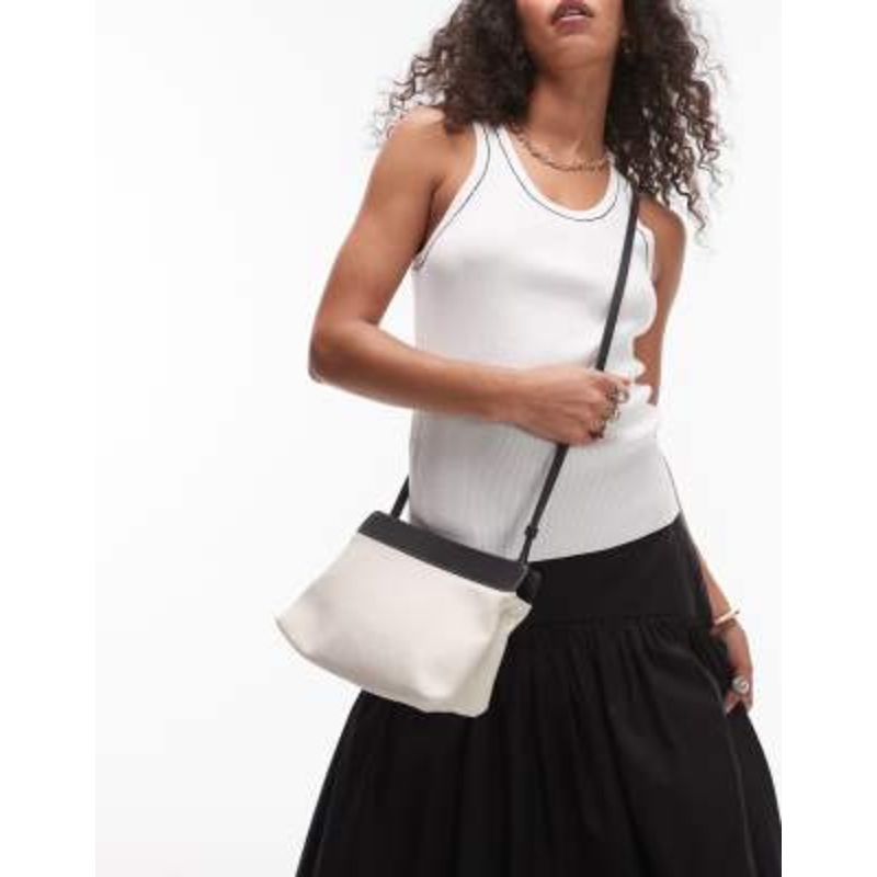 ARKET small canvas cross body bag with black leather details contrast stitches in light white neutral