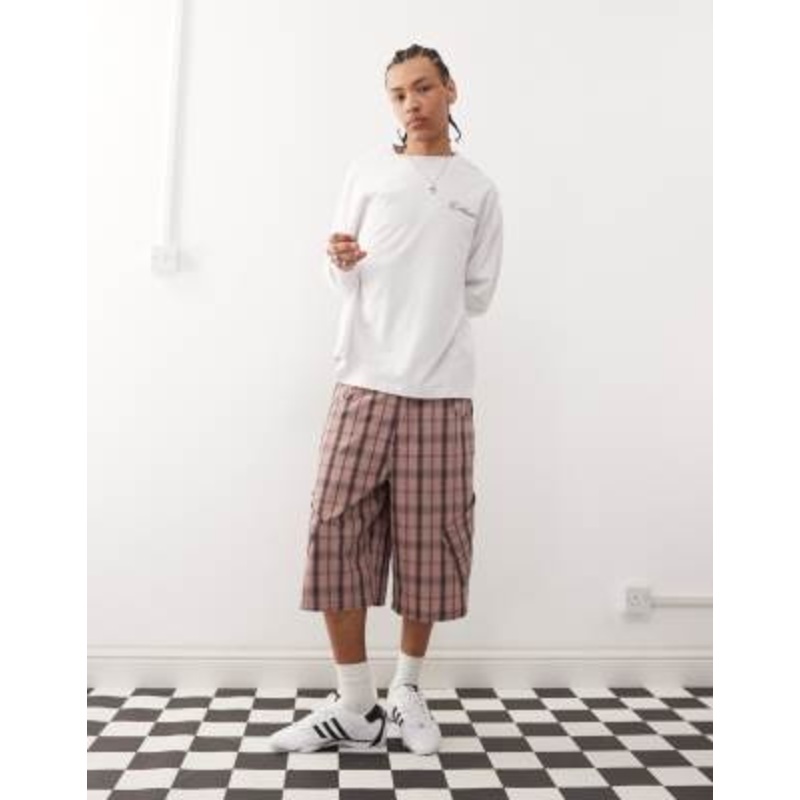 COLLUSION baggy longline jorts in pink plaid