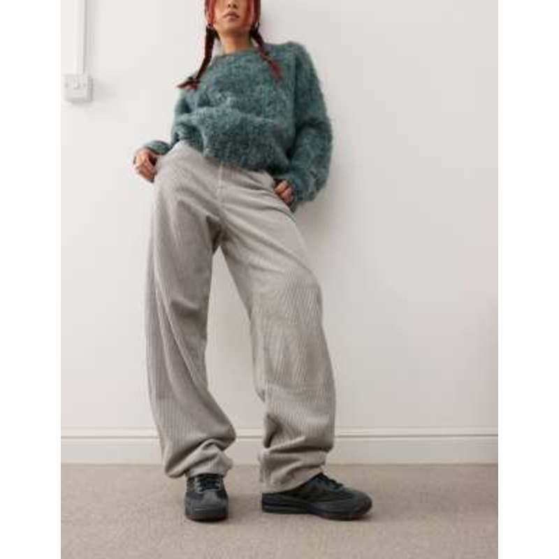 Dr Denim Faye Worker baggy fit mid waist wide leg with workwear detail in light gray cord