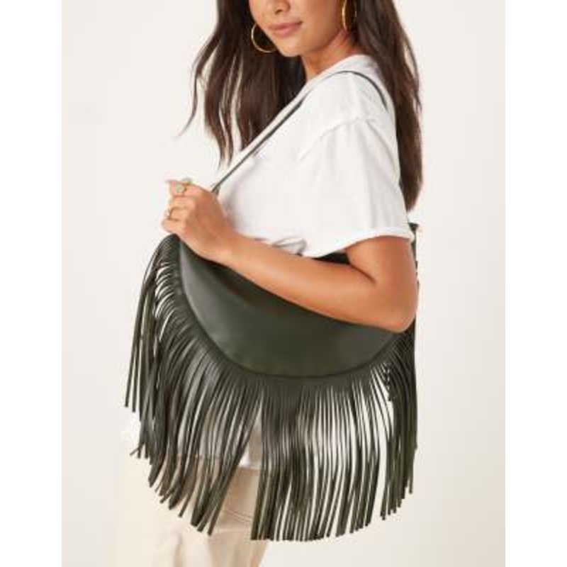 Glamorous fringed slouchy shoulder bag in olive