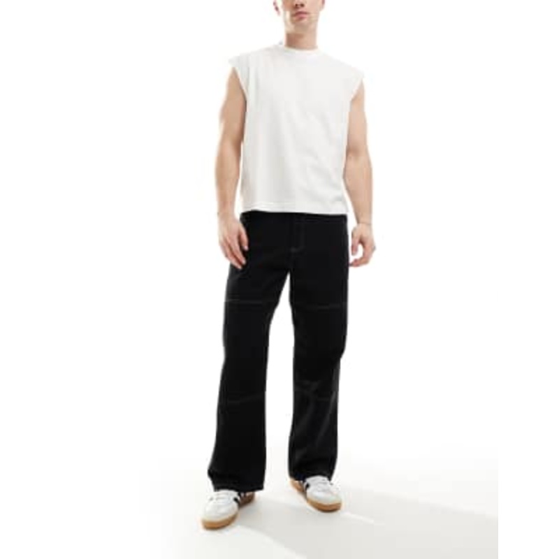 Jack & Jones baggy fit carpenter pants in black with contrasting stitching