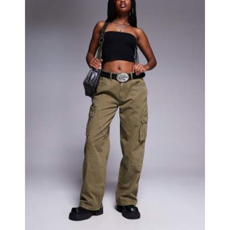 Princess Polly cargo style seam detail baggy jeans in khaki