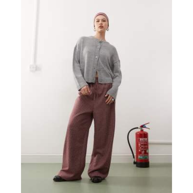 Reclaimed Vintage relaxed baggy pull on pants in burgundy check