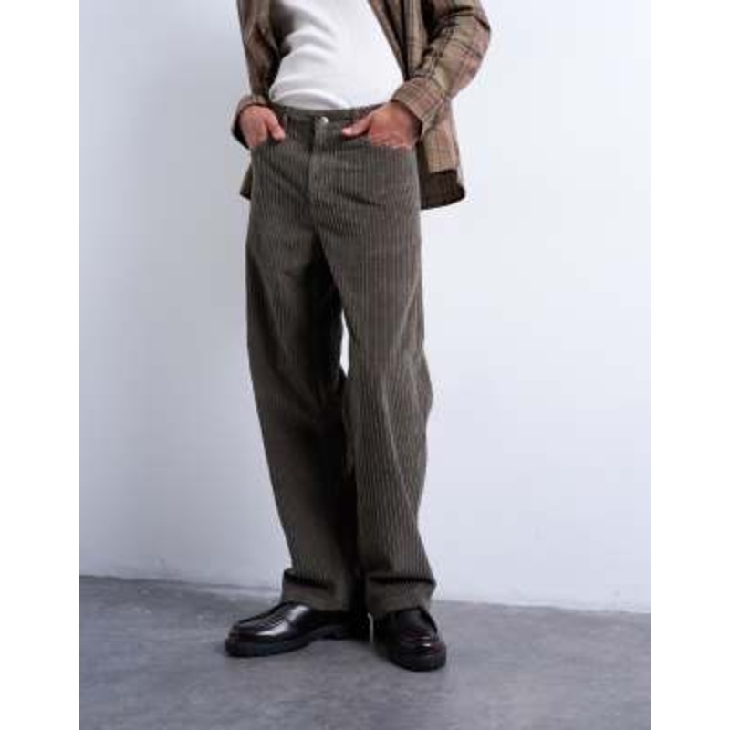 Topman corduroy baggy pants in khaki green