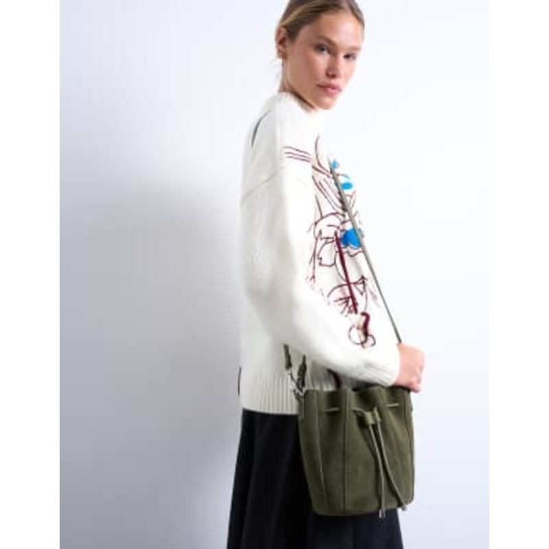 Topshop Colette real suede bucket bag in khaki green
