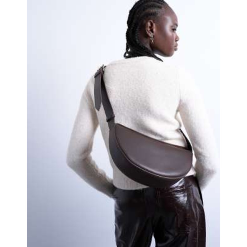 Topshop Cooper cross-body real leather bag in chocolate