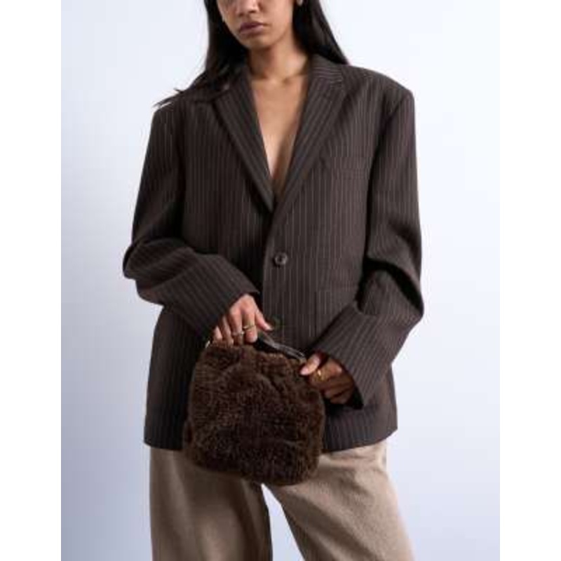 Topshop Gabriette borg metal trim handle grab bag in brown