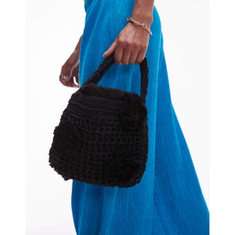 Topshop Gea floral raffia grab bag in black