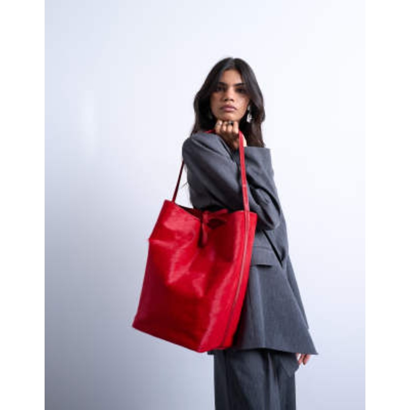 Topshop Luna real leather tote bag in red pony