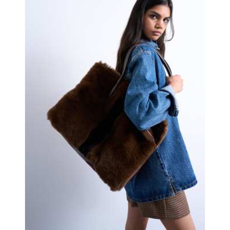 Topshop Teven faux fur tote bag in brown