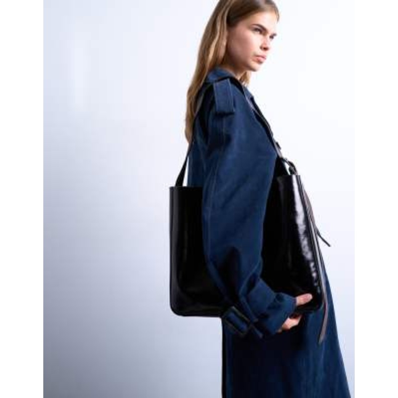 Topshop Tiana premium real leather tote bag with buckle in black and brown