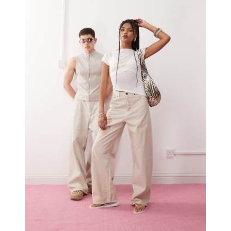 Weekday Astro unisex low rise baggy fit jeans in dirty beige wash