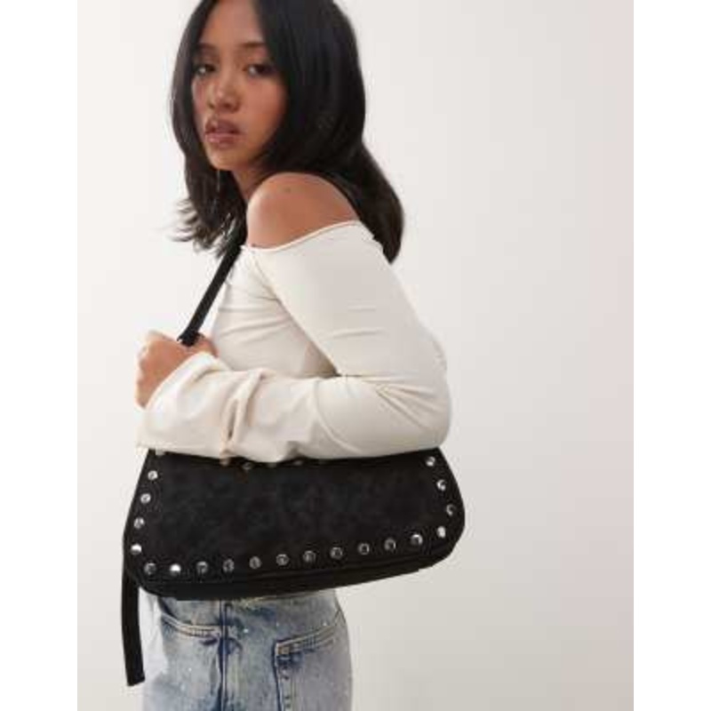 Weekday studded faux suede shoulder bag in black