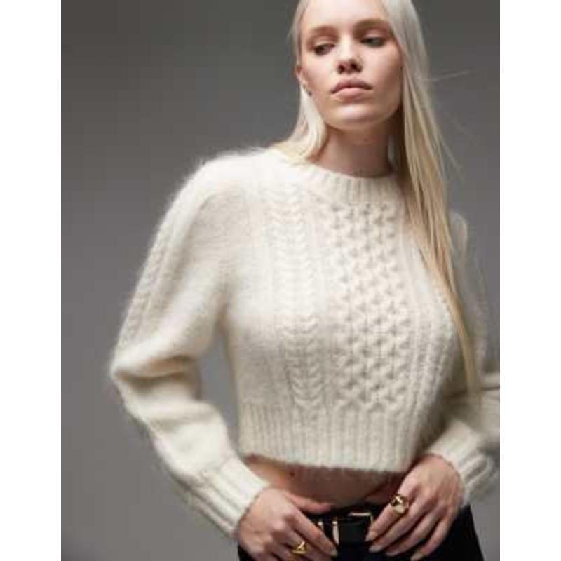 & Other Stories wool blend crew neck cable knit sweater in white