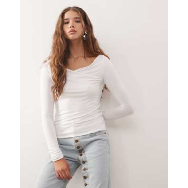 Weekday slim fit long sleeve wrap top in white