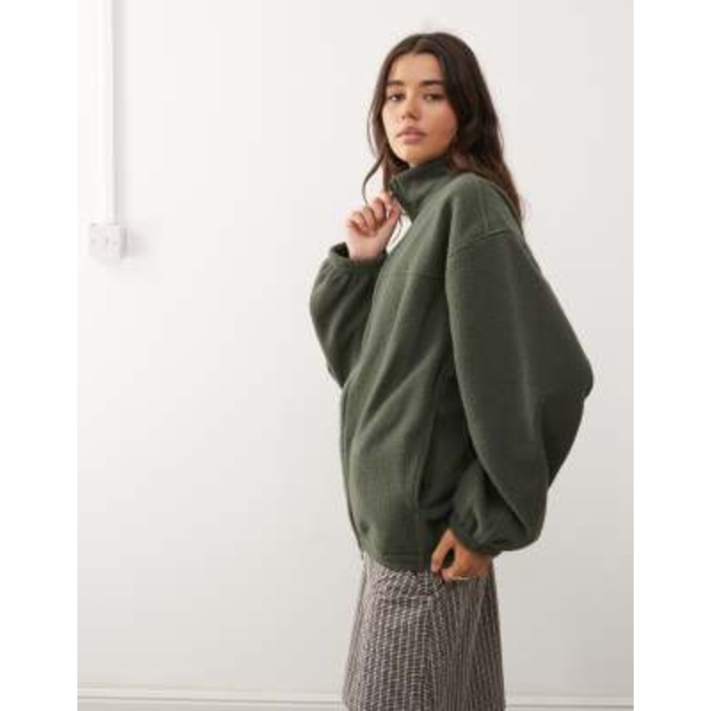 Weekday oversized teddy zip fleece in dark khaki green
