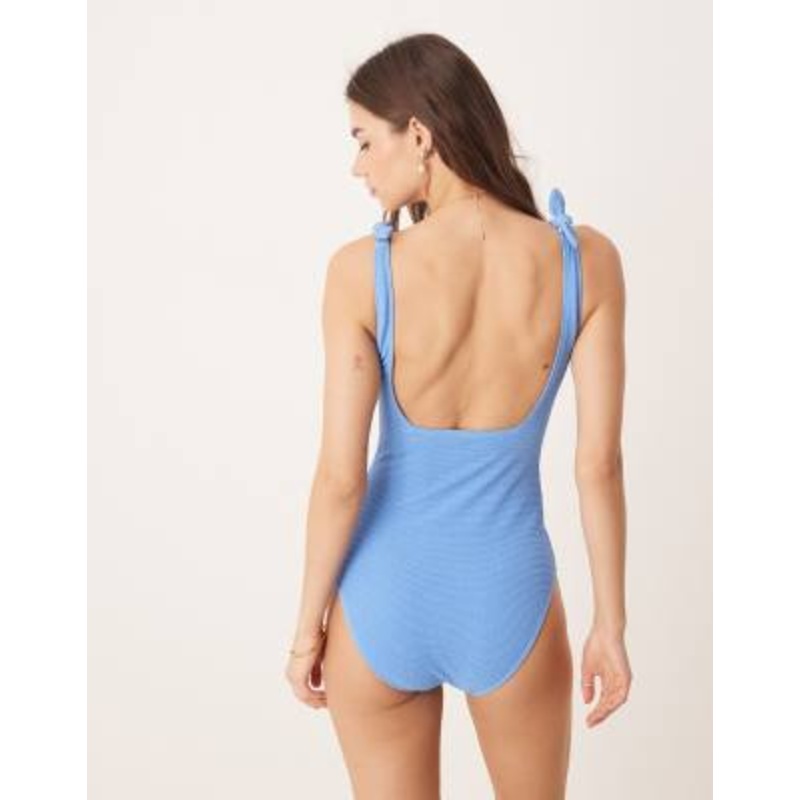 & Other Stories crinkle swimsuit with knot detail in blue