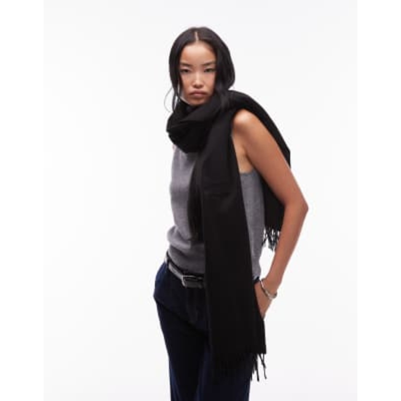 & Other Stories premium fringed edges pure wool scarf in black