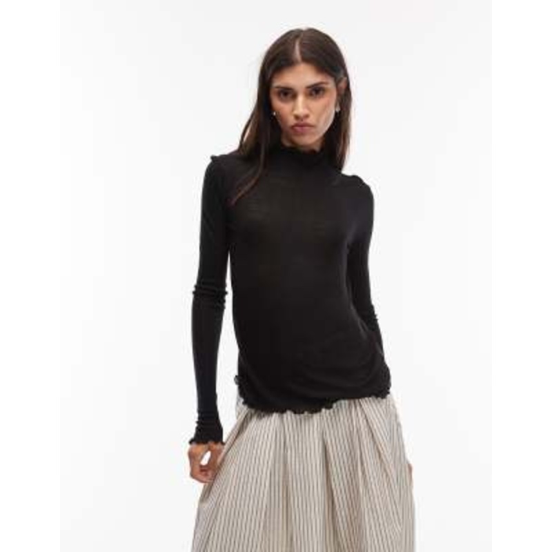 & Other Stories soft wool rich long sleeve top with high neck and frill hem in black