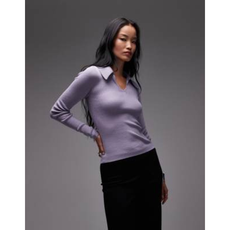 & Other Stories wool blend knit top in lilac with contrast keyhole collar